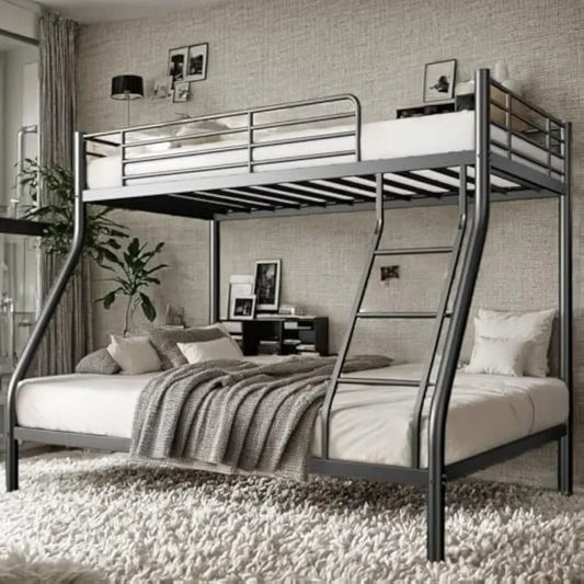 Black Metal Bunk Bed Twin Over Full Size with Ladder & Guardrail