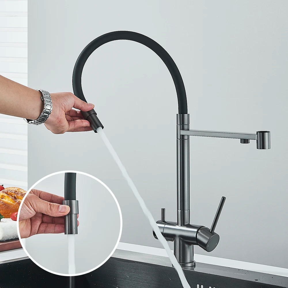 Senlesen Filter Water Kitchen Faucet Gray Pull Down Flexible Sprayer Deck Mounted Hot Cold Mixer Crane Tap 360 Degree Rotation