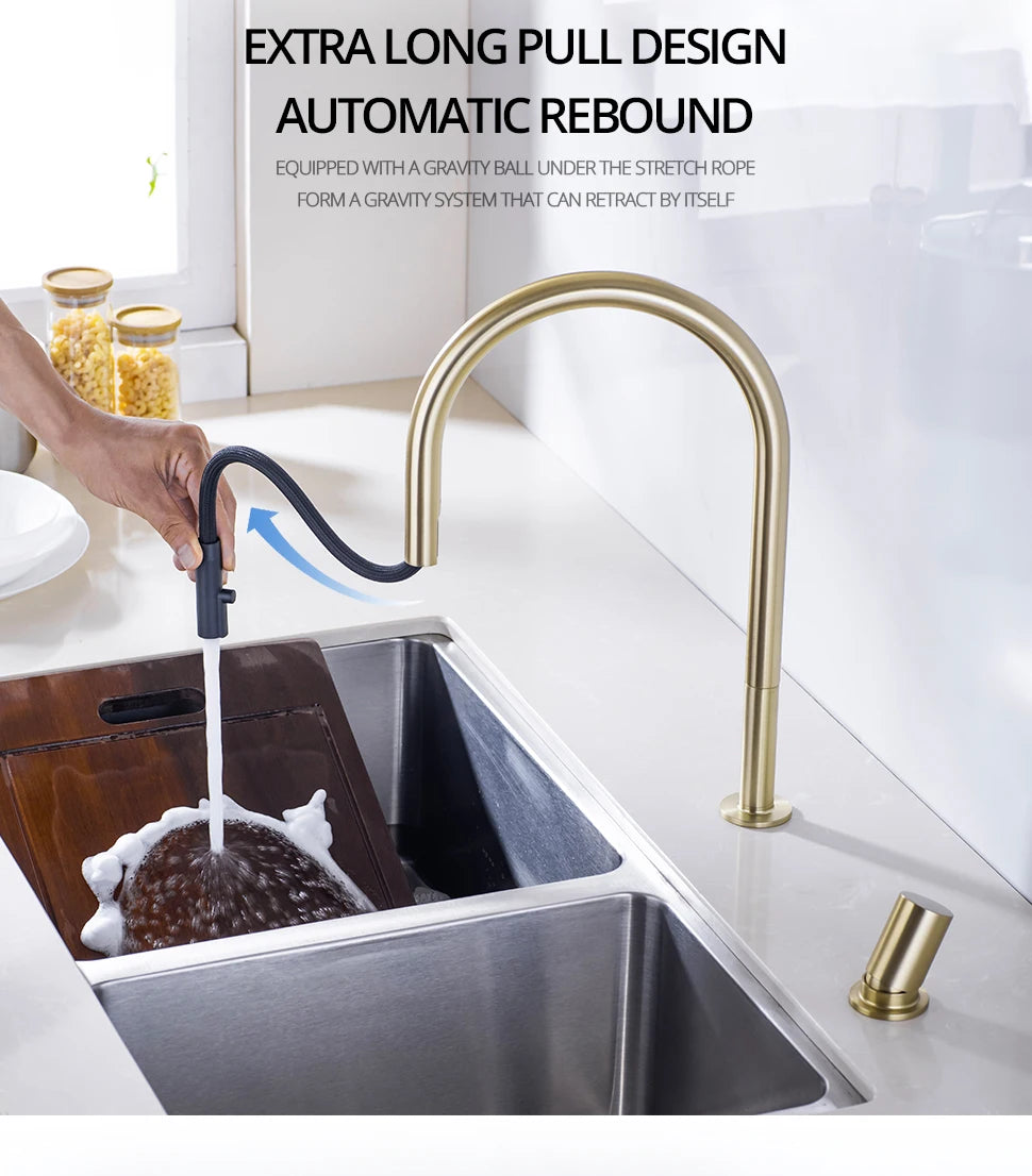 Brushed Gold Kitchen Faucet Invisible Pull Out Spray Mixer Double Hole Single Handle Solid Brass Hot and Cold Separate Sink Tap