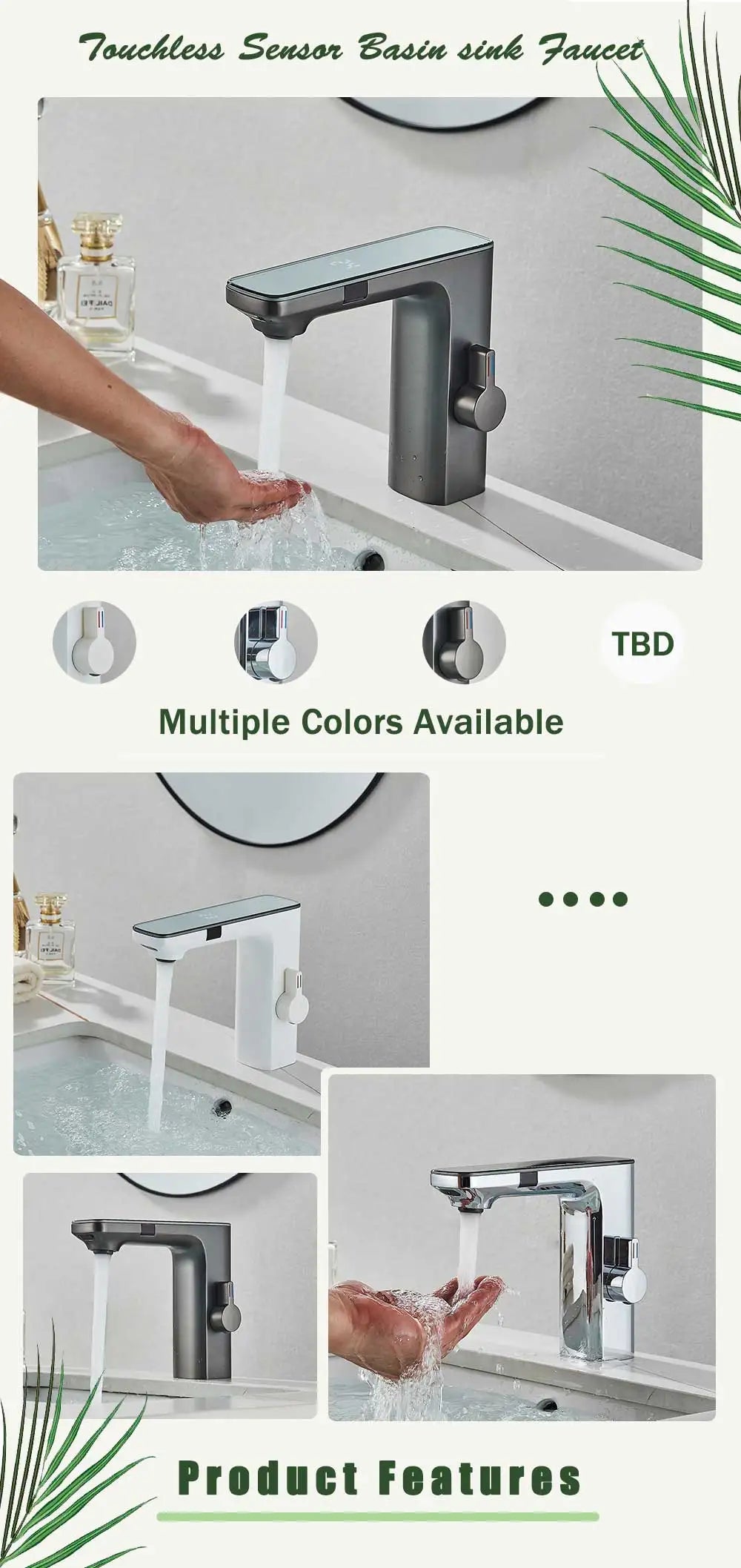 Touchless Sensor Basin Faucet Brass Smart Digital Display Bathroom Sink Faucet Grey Sense Hot Cold Water Mixer Tap Battery Power