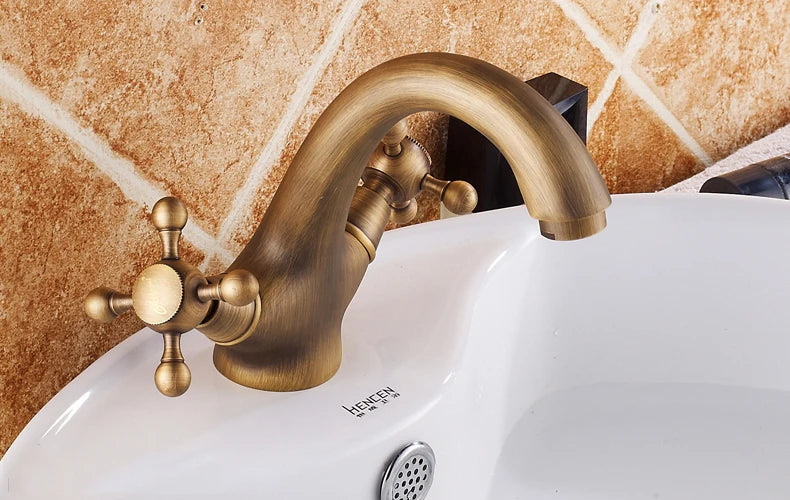 Dual Handle Antique Basin Faucet Hot and Cold Water Crane Bronze Sink Faucet Bathroom Vintage Mixers Taps Gold