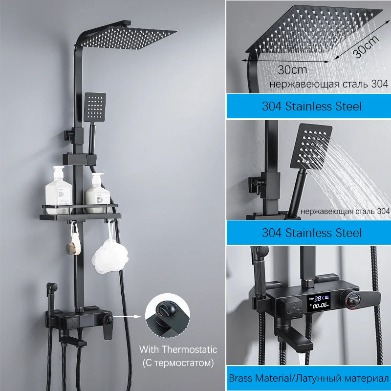 Brass Bathroom Shower Faucet Set Thermostatic Digital Display Shower System With Rain Shower And Mixer 30cm*30cm Nozzle