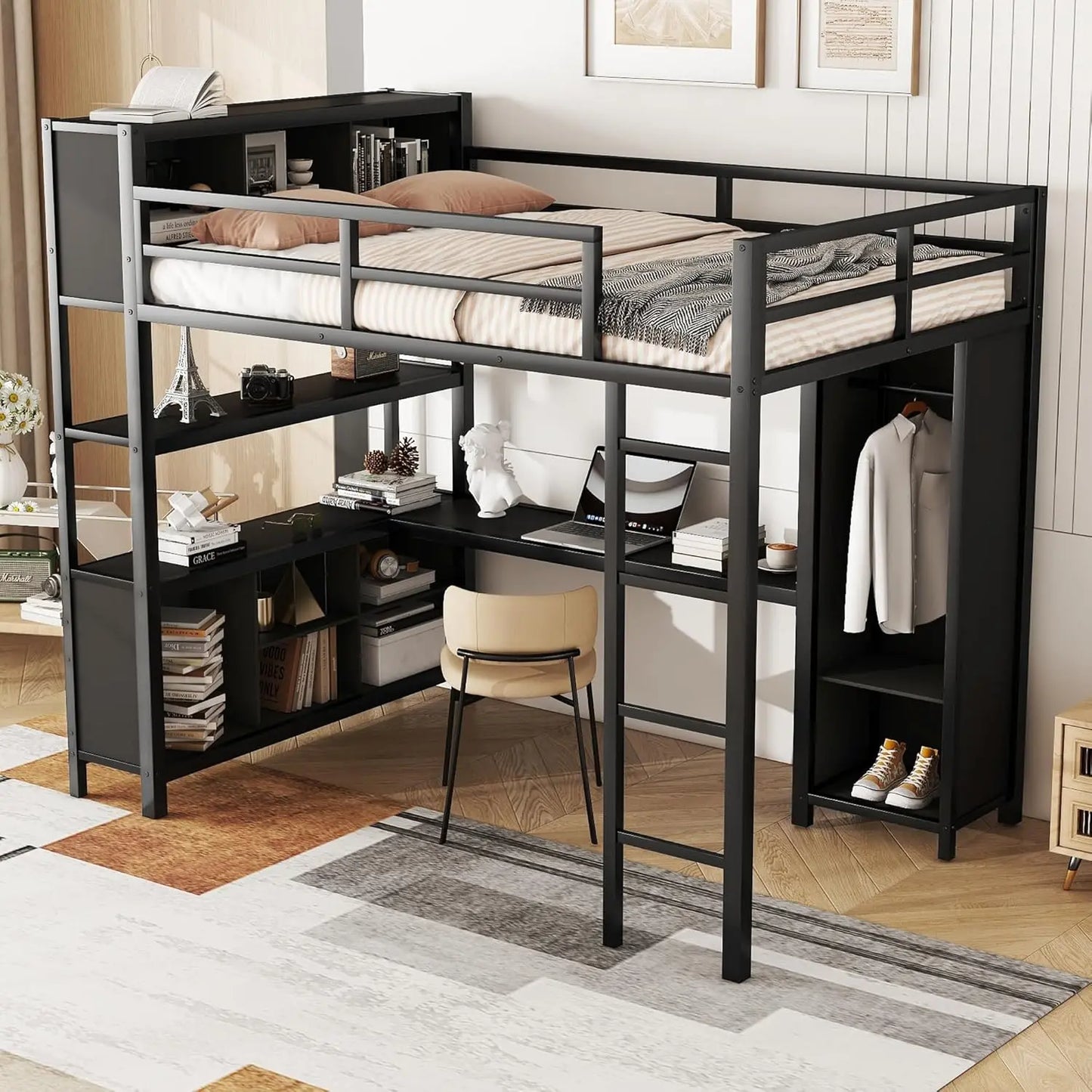 Full Size Loft Bed with L Shaped Desk and Wardrobe