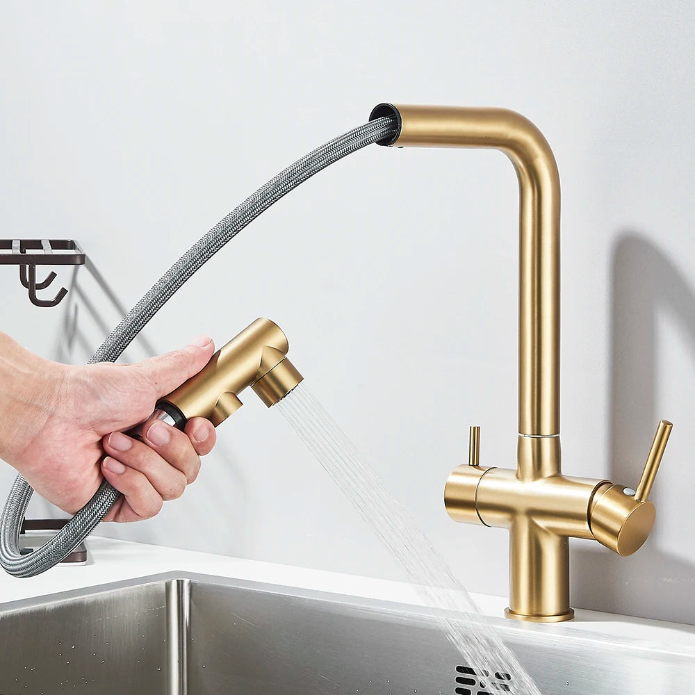Filtered Kitchen Sink Faucet with Pull Down Sprayer 2 Handle 3 in 1 Water Filter Purifier Faucet Dual Sprayer Drinking Water Tap