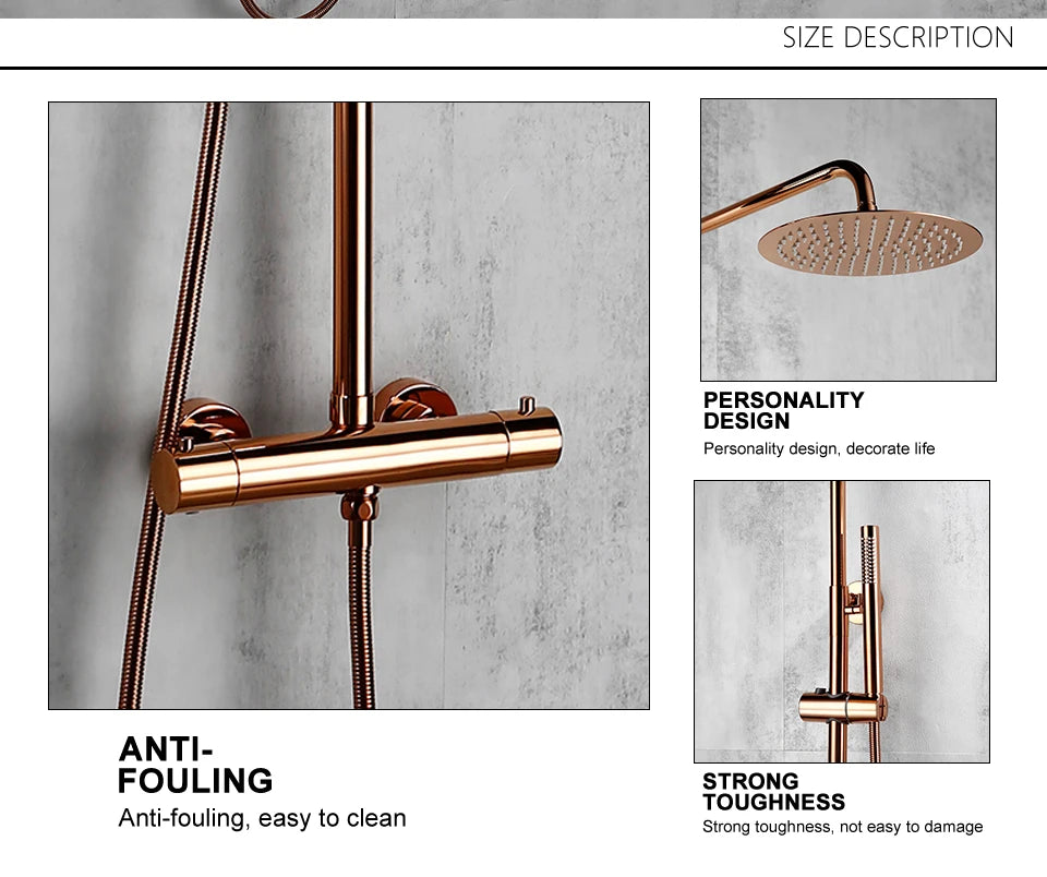 Rose Gold Thermostatic Shower Falcet Sets Wall Mount Brass Bathroom Blend Rainshower Falcet Rainfall Shower Tap Thermostat Systems