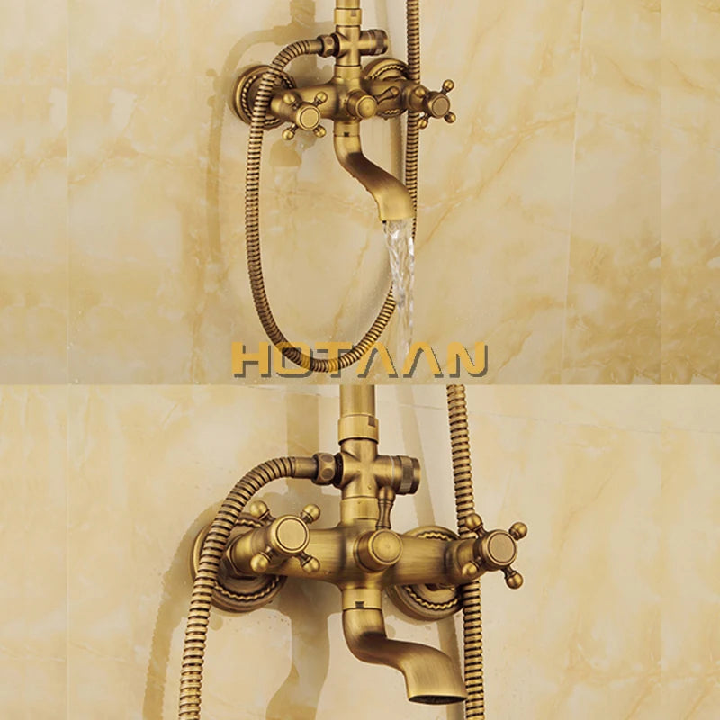 Antique Brass Wall Mounted Mixer Valve Rainfall Shower Faucet Complete Sets + 8" Brass Shower Head + Hand Shower + Hose YT-5317A