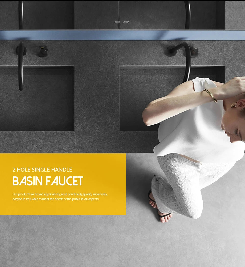 Matte Black Basin faucet  Single Knurled Knob Deck Mounted Widerspread Mixer Hot And Cold Sink Tap 2 Set Brass Restroom Mixer