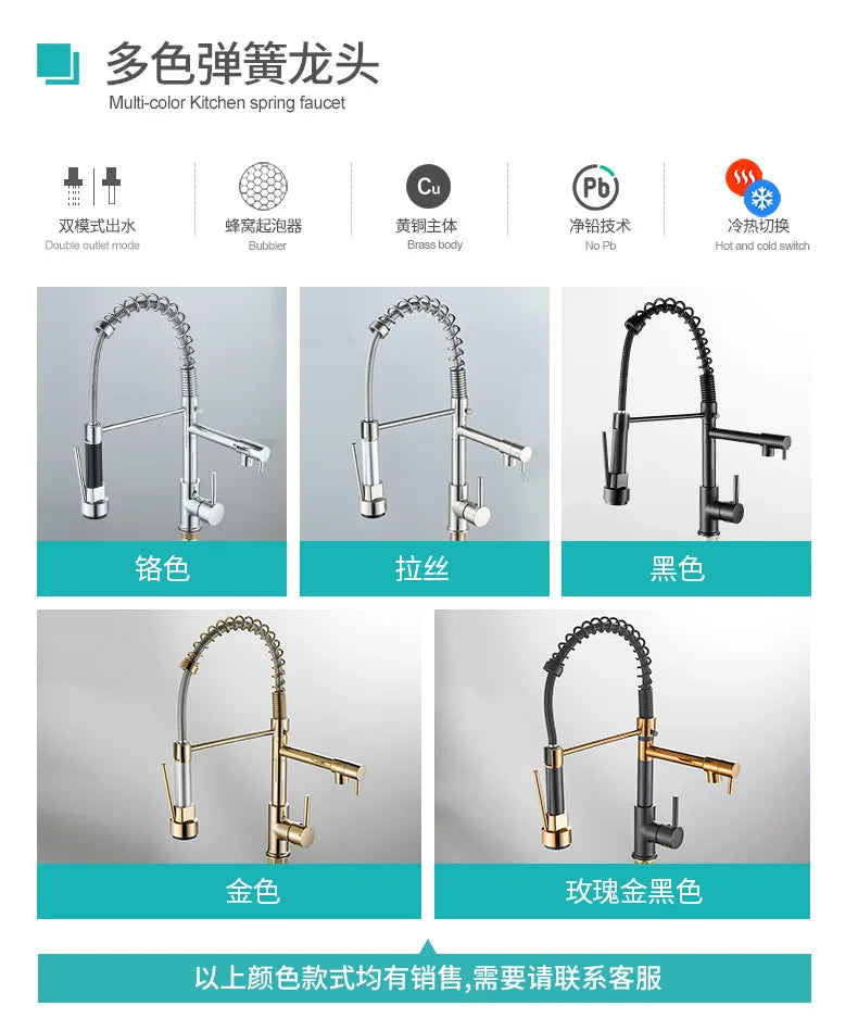 Black and Golden Brass Pulling Kitchen Sink Faucets Dual Outlet Water-Cold Hot Washing Basin Tap Deck Mounted Spring Mixer Taps