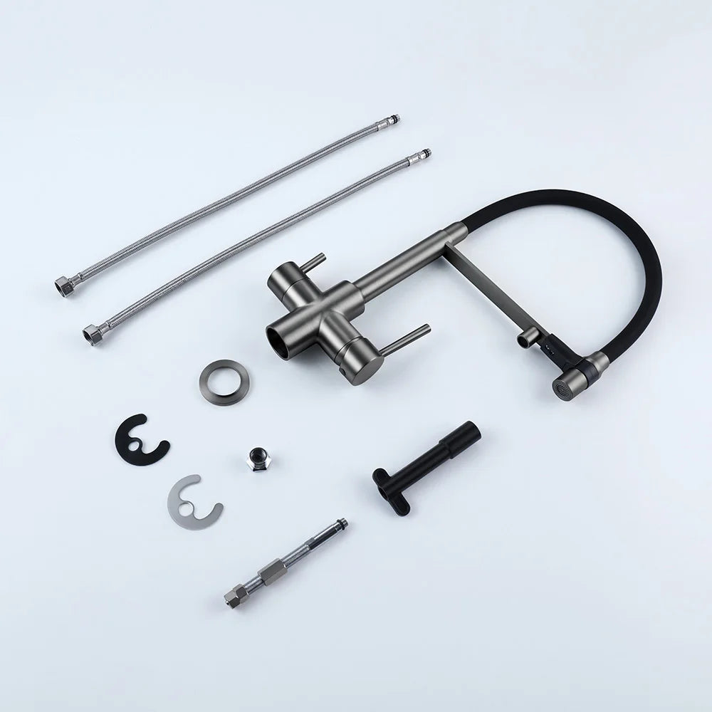Gunmetal Kitchen Faucet  Brass 3 Ways Sink Mixer Black Hose Mount Pull Out Dual Spray Nozzle Water Kitchen Taps