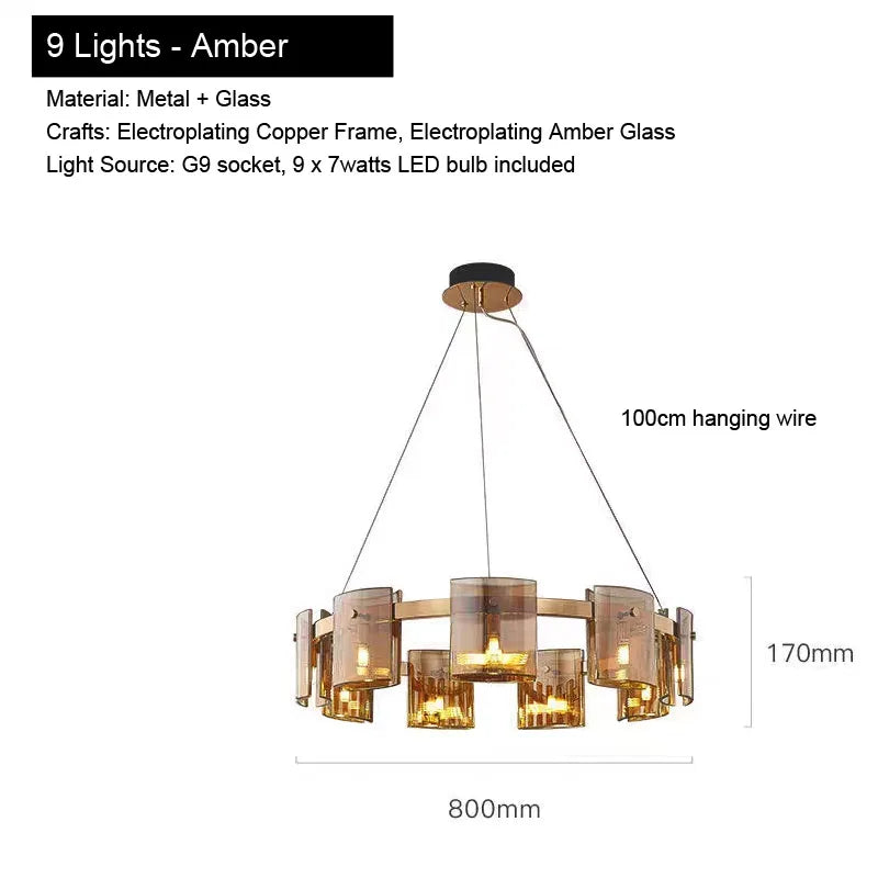 Pendant Light for Bedroom Living Room Kitchen Dining Table Bar Home Decor Modern LED Glass Tile Suspension Lamp Smoke Gray Amber