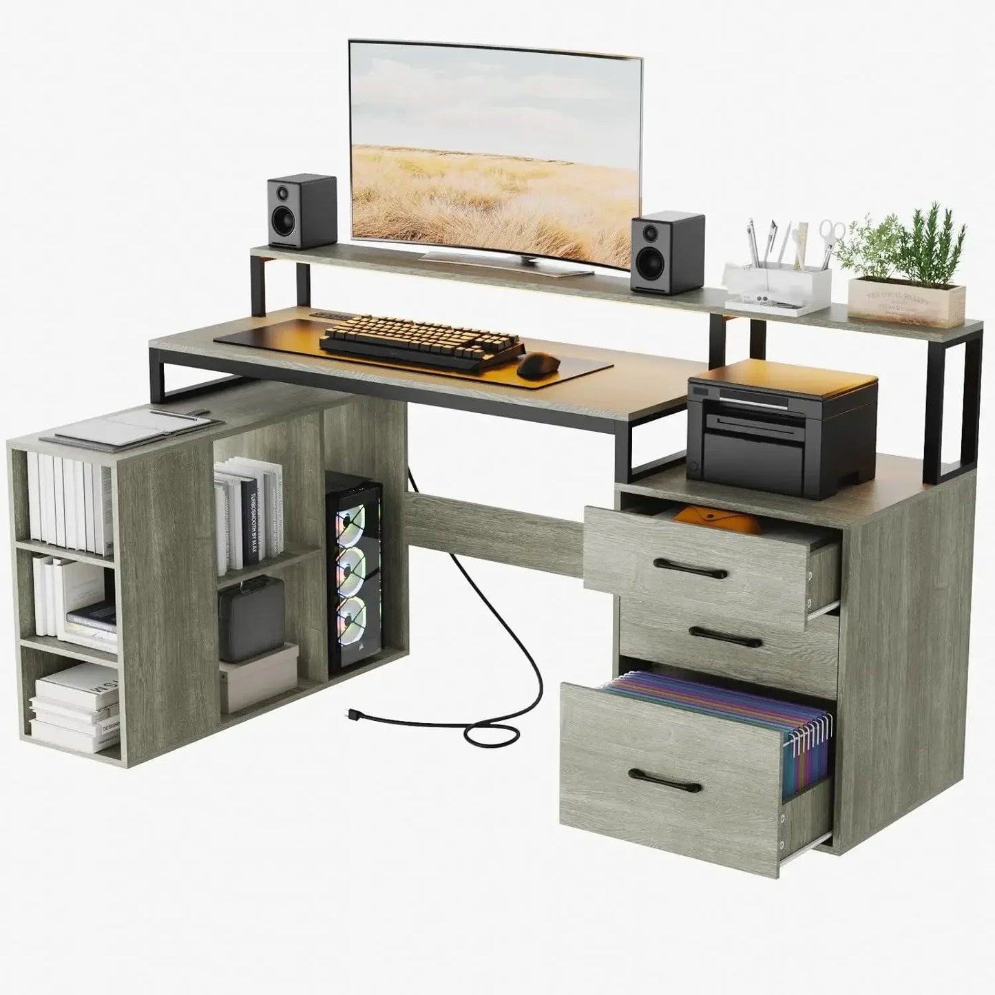 L Shaped Computer Desk with 3 Drawers, 65.7" Large Desk with LED Lights and Power Outlet