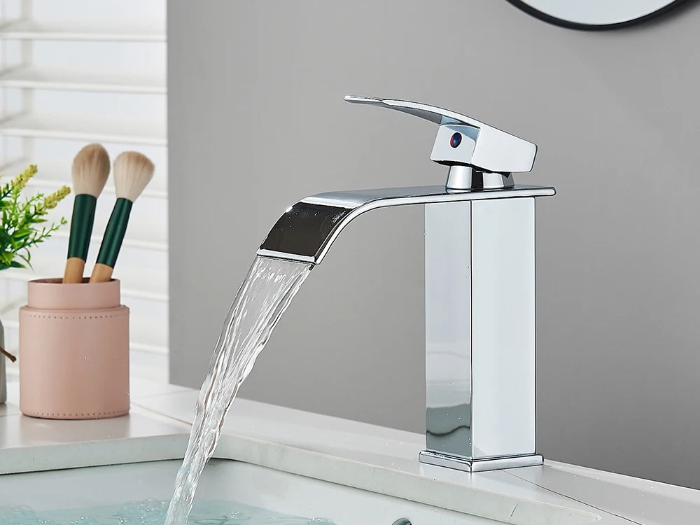 Brushed Gold Basin Sink Faucet Waterfall Outlet Vanity Hot Cold Mixer Tap Deck Mount Taps Washbasin Faucet for Bathroom