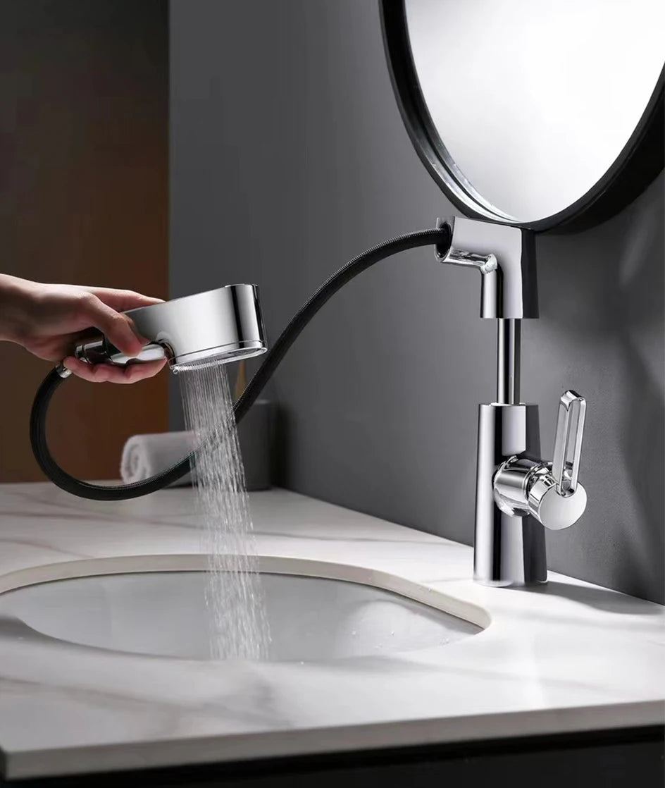 VGX Multifunctional Bathroom Faucets Pull Out Basin Mixer Sink Faucet Gourmet LED Temperature Tap 360° Tapware Crane Brass White