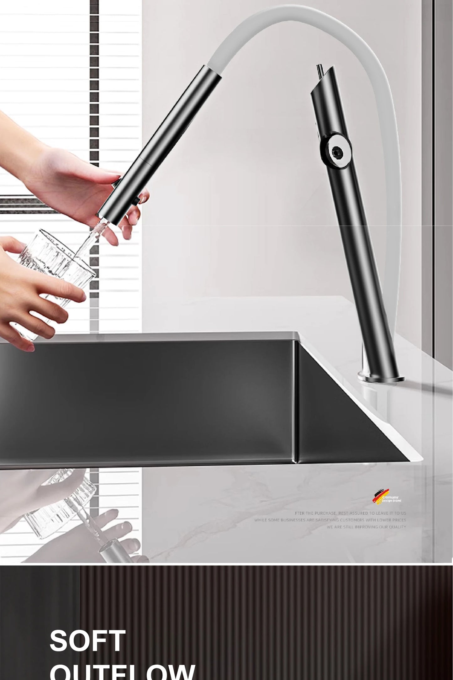 AITANA luxury brass black kitchen faucet with pull-out design, dual control magnetic suction for cold & hot 2-function sink Tap