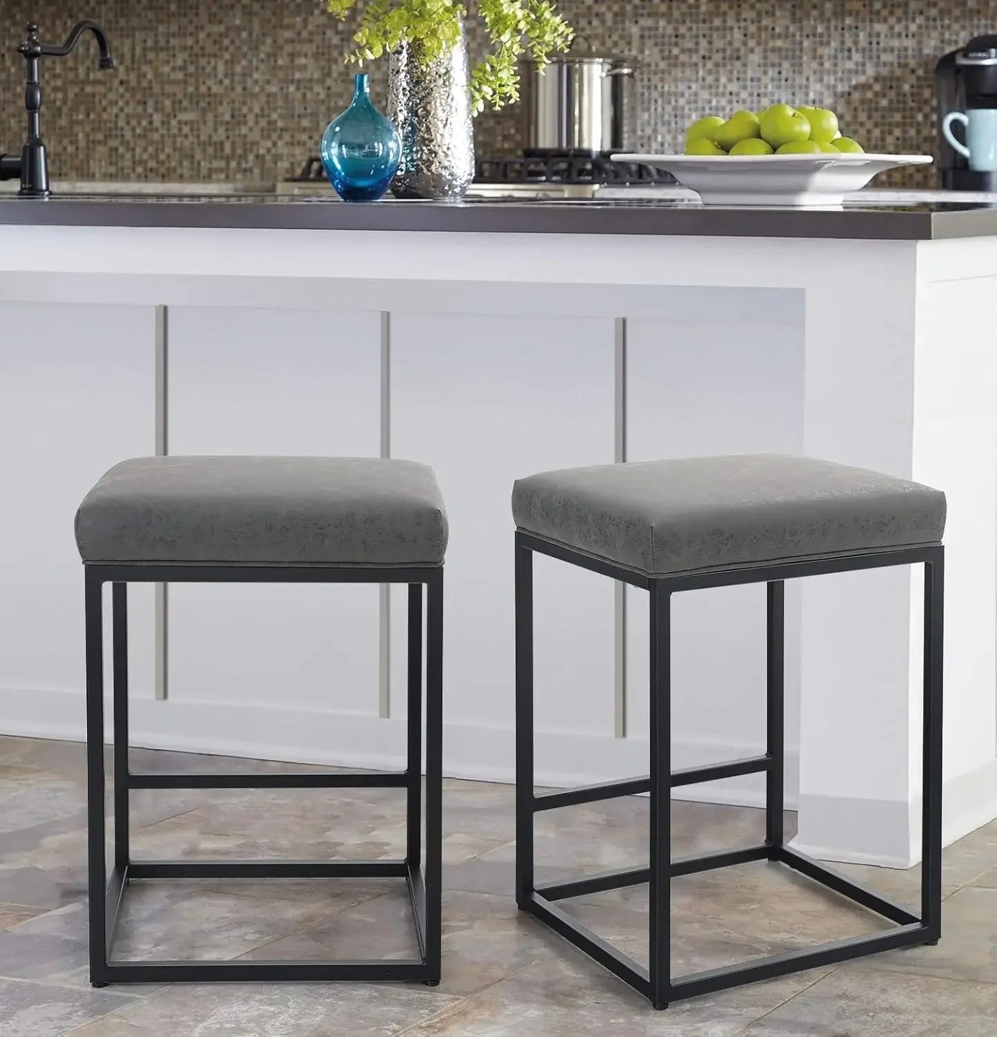 Black Counter Height 24" Bar Stools Kitchen Counter Backless Modern Square Barstools Upholstered Faux Leather Stools