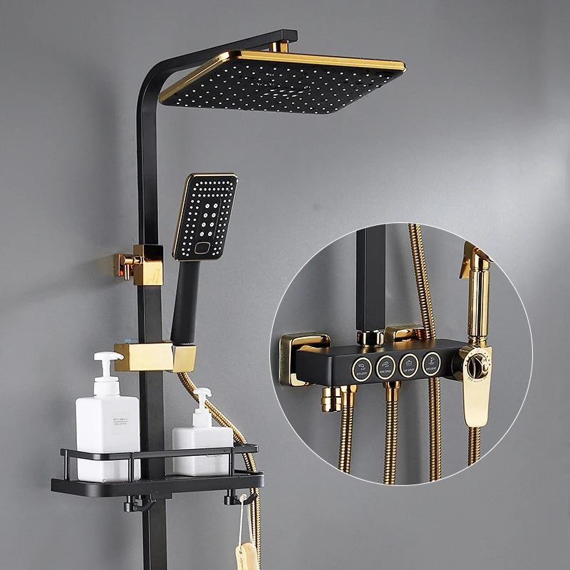 Gold Digital Shower Set Quality Brass Hot Cold Bathroom Shower Faucets Tap Rain Shower Head Golden Thermostatic Shower System