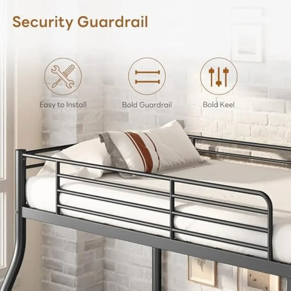 Black Metal Bunk Bed Twin Over Full Size with Ladder & Guardrail