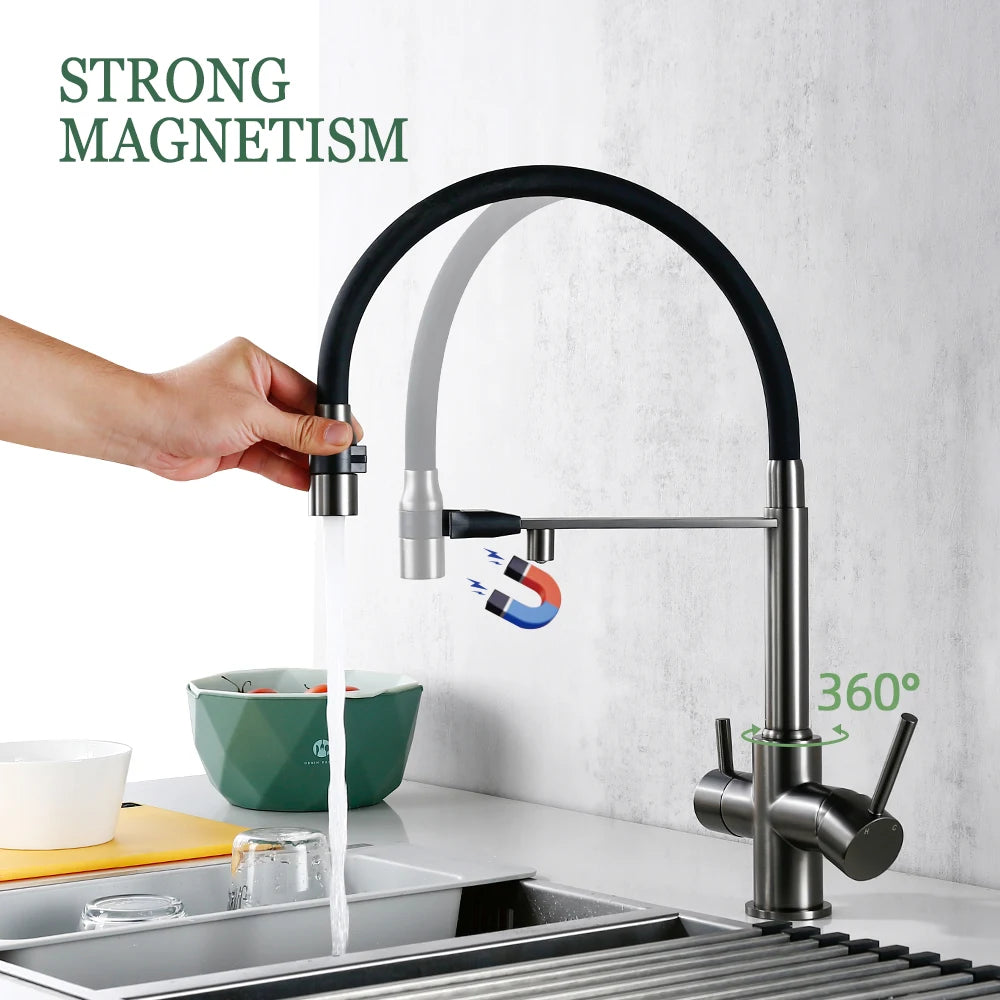Gunmetal Kitchen Faucet  Brass 3 Ways Sink Mixer Black Hose Mount Pull Out Dual Spray Nozzle Water Kitchen Taps