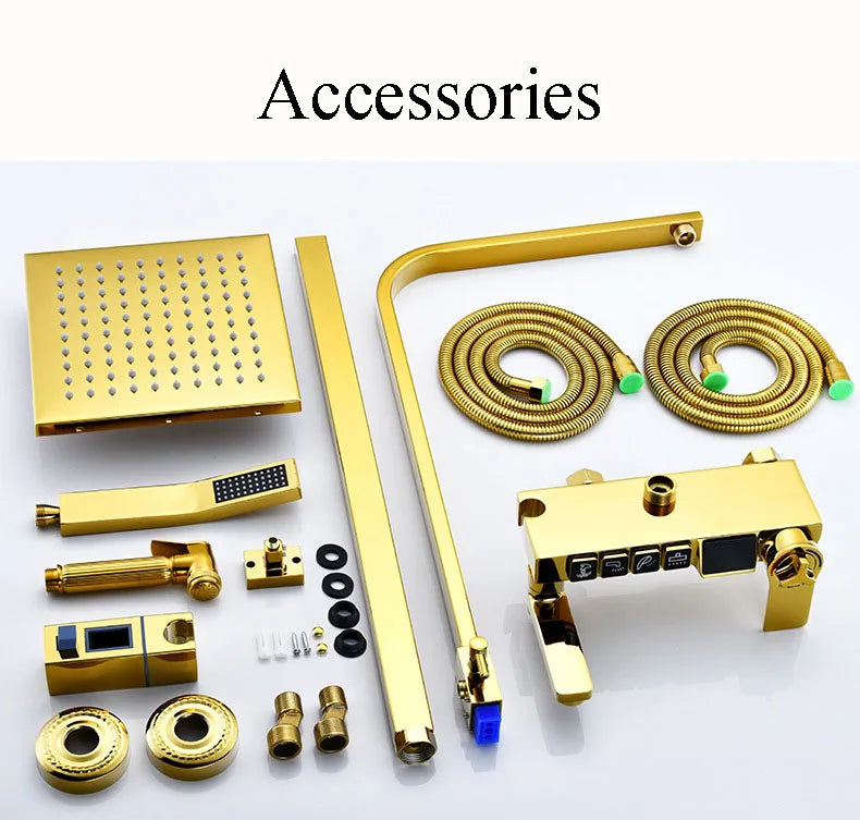 Gold Digital Shower Set Quality Brass Hot Cold Bathroom Shower Faucets Tap Rain Shower Head Golden Thermostatic Shower System
