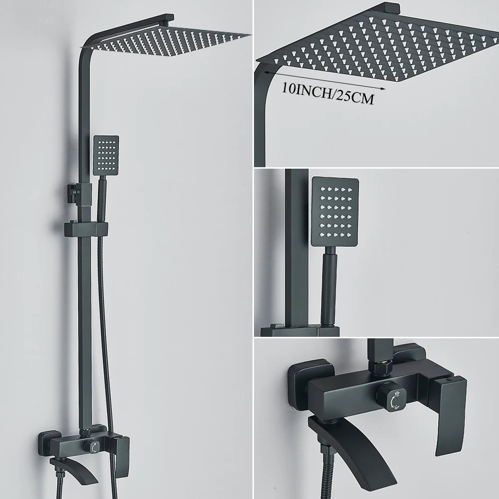 Matte Black Rainfall Shower Faucet Set 8/10/12 Inch Showerhead High Pressure Stainless Steel Rotate Spout Bath Shower Mixer