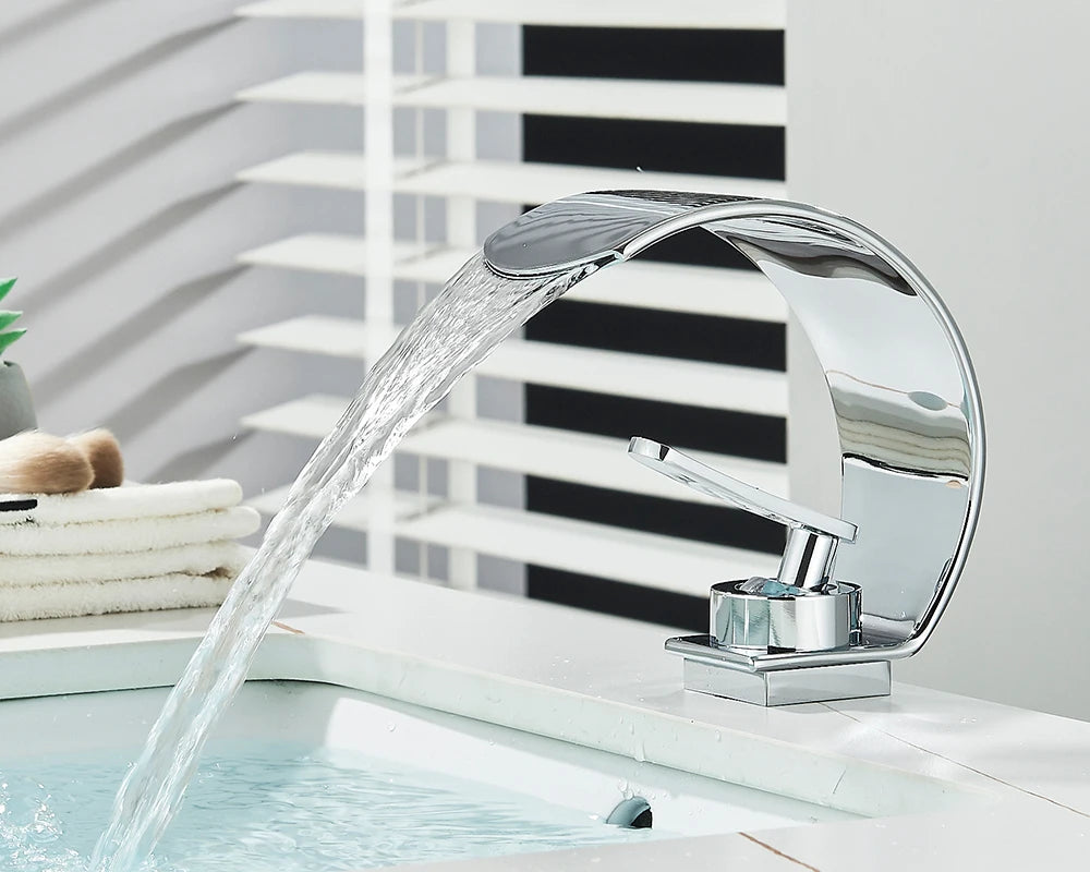 Black Thin style Bathroom Sink Faucet  Modern Mixer Hot Cold Water Tap Waterfall Deck Mounted Vessel Sink Faucet
