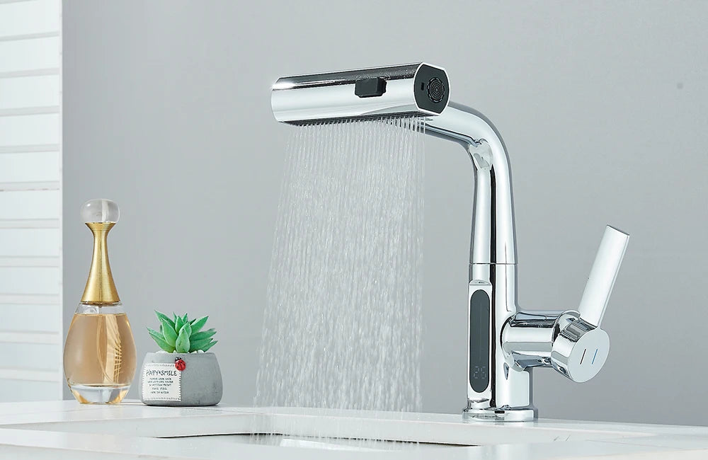 Waterfall Temperature Digital Display Basin Faucet Lift Up Down Stream Sprayer Hot Cold Water Sink Mixer Wash Tap For Bathroom