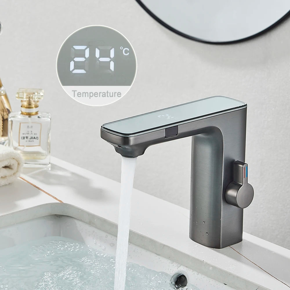 Black Gray Smart Sense Faucet Touchless Digital Display Basin Mixer Battery Power Hot Cold Mixed Water Inductive Bathroon Tap