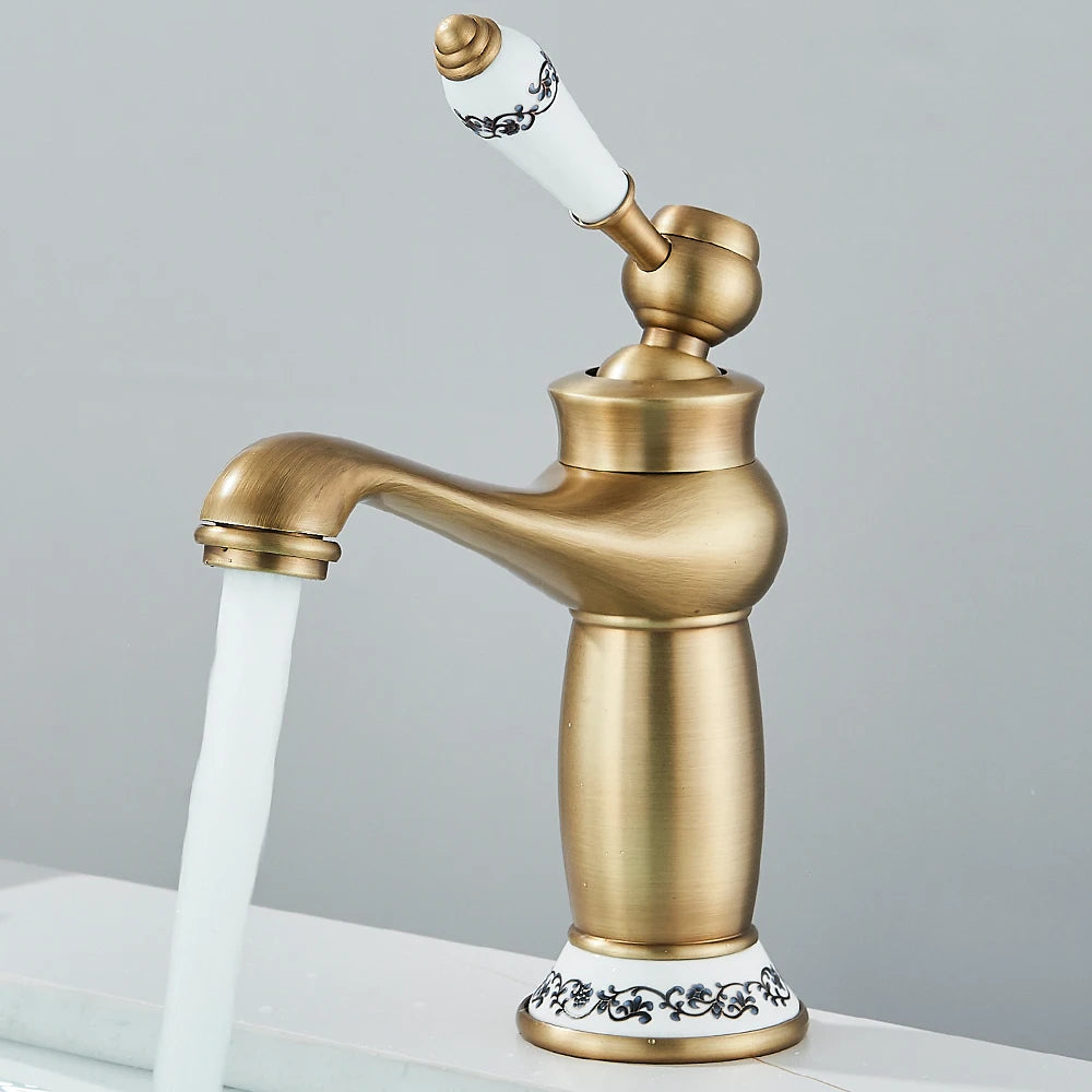 Quyanre Retro Antique Brass Basin Faucet Single Handle Mixer Tap Hot Cold Water Bathroom Sink Faucet