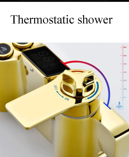 Gold Digital Shower Set Quality Brass Hot Cold Bathroom Shower Faucets Tap Rain Shower Head Golden Thermostatic Shower System