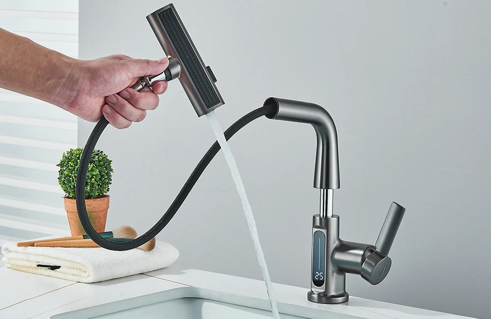 Waterfall Temperature Digital Display Basin Faucet Lift Up Down Stream Sprayer Hot Cold Water Sink Mixer Wash Tap For Bathroom