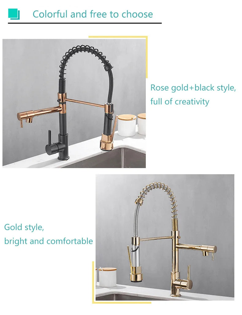 Brass kitchen sink faucet  360 degree rotating spring faucet  Single handle cold and hot mixed water tap