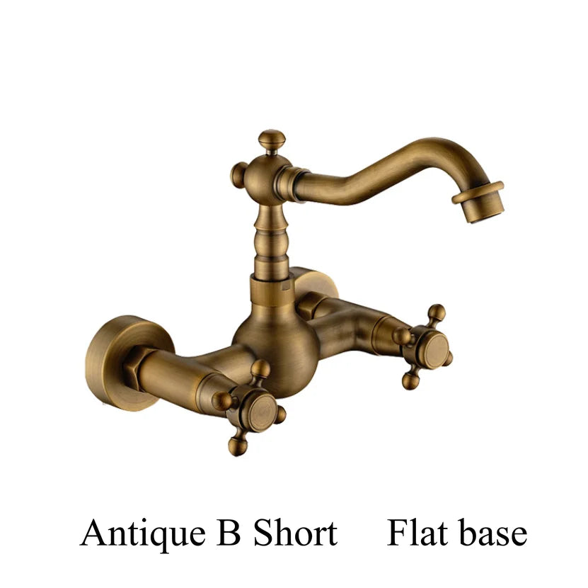 Antique brass ceramic into the wall faucet bathroom washbasin basin wall mount double handle cold and hot water faucet