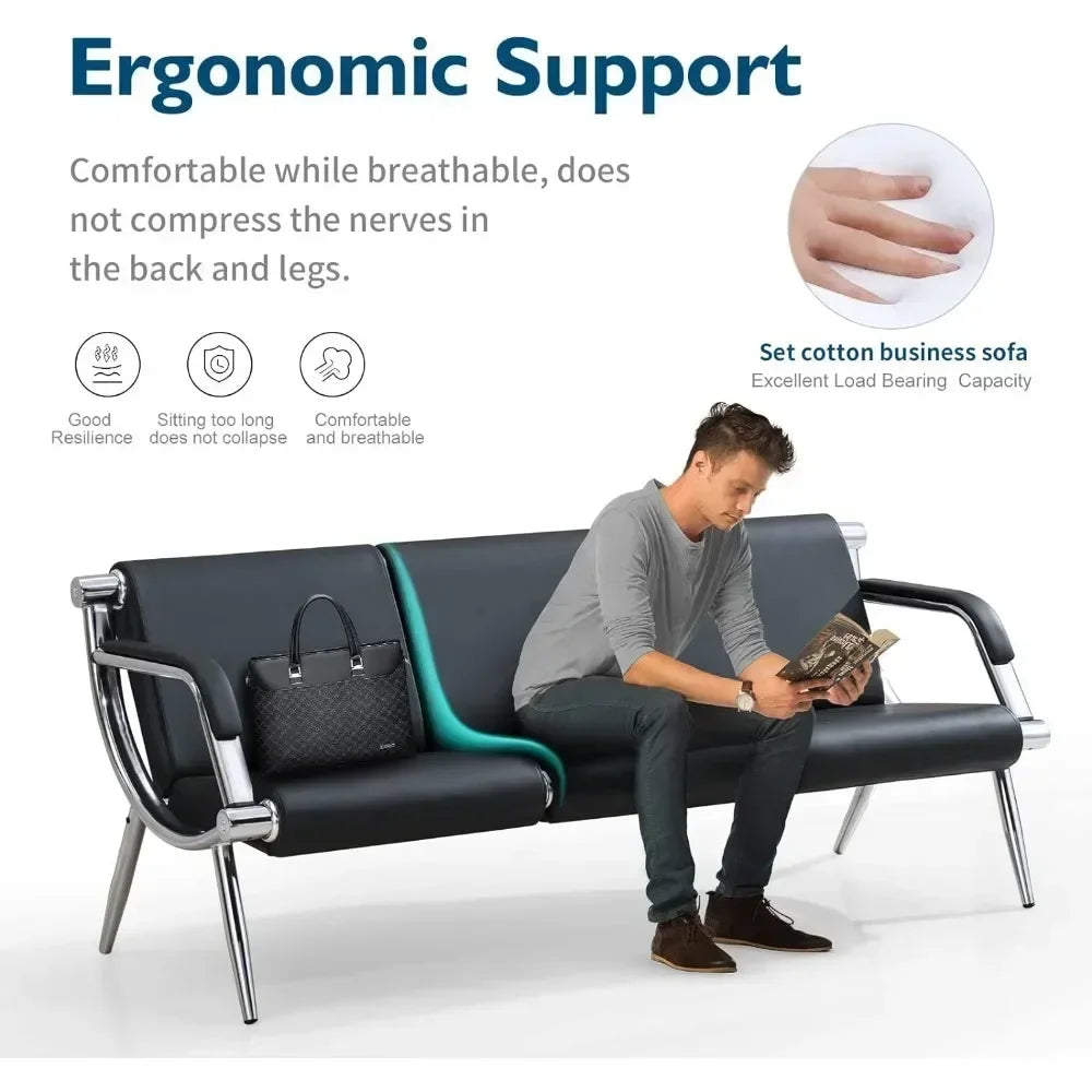Waiting Room Bench with Fixed PU Leather Upholstered Armrests