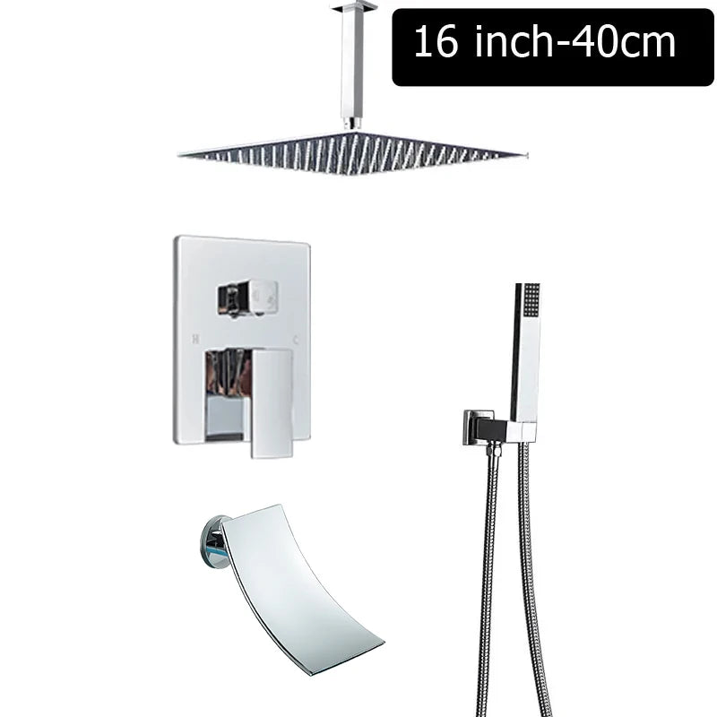 Europe discoun Concealed Shower Faucet Set Embedded Cartridge Faucet Rainfall Shower Head Rotate/Waterfall Bath Spout Mixer Tap