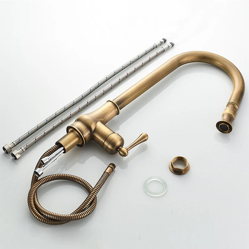 Hotaan Antique Brass  Kitchen Faucet Single Hole Pull Out Spout Copper Kitchen Sink Mixer Tap with Stream Sprayer Head