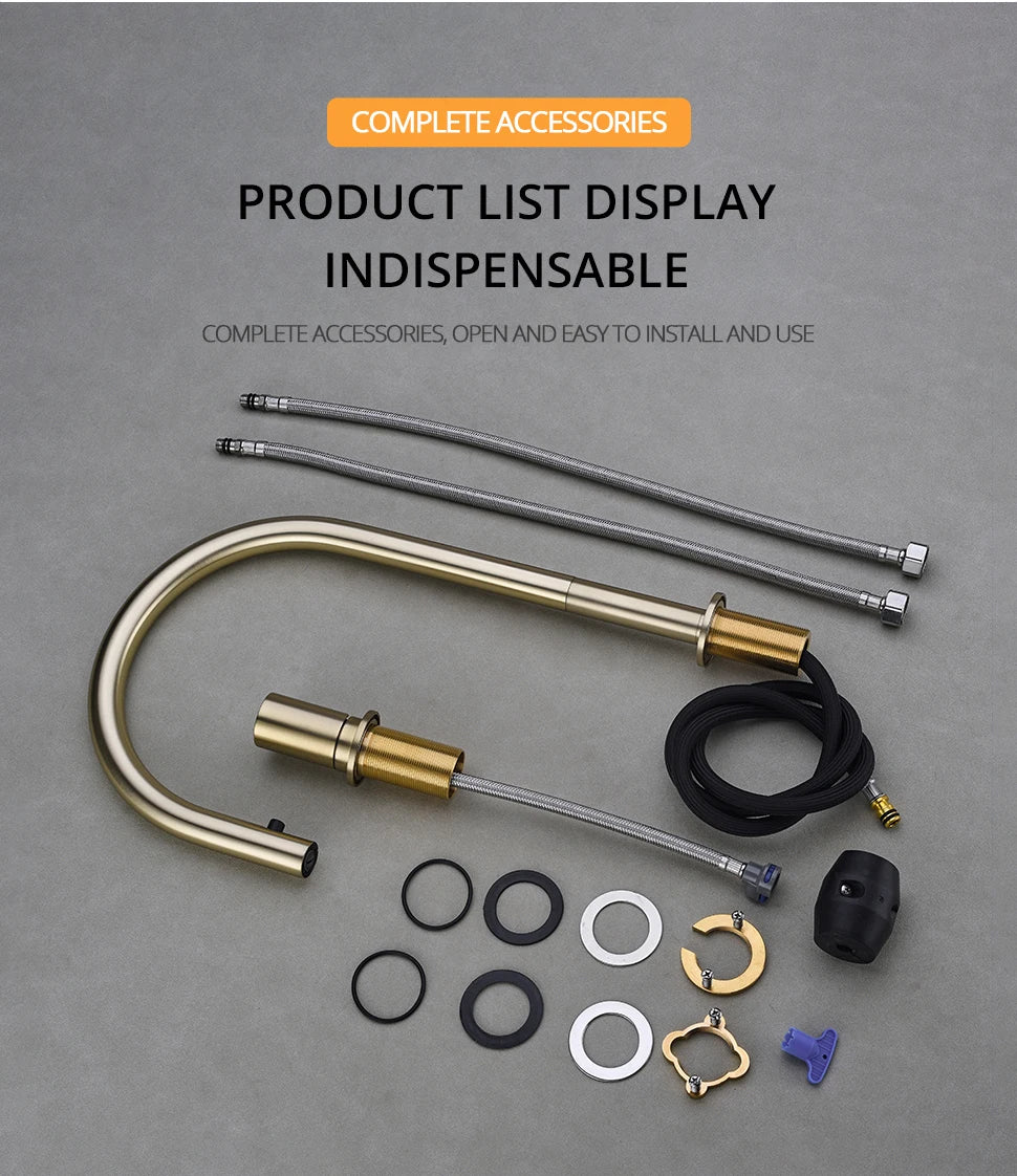 Brushed Gold Kitchen Faucet Invisible Pull Out Spray Mixer Double Hole Single Handle Solid Brass Hot and Cold Separate Sink Tap