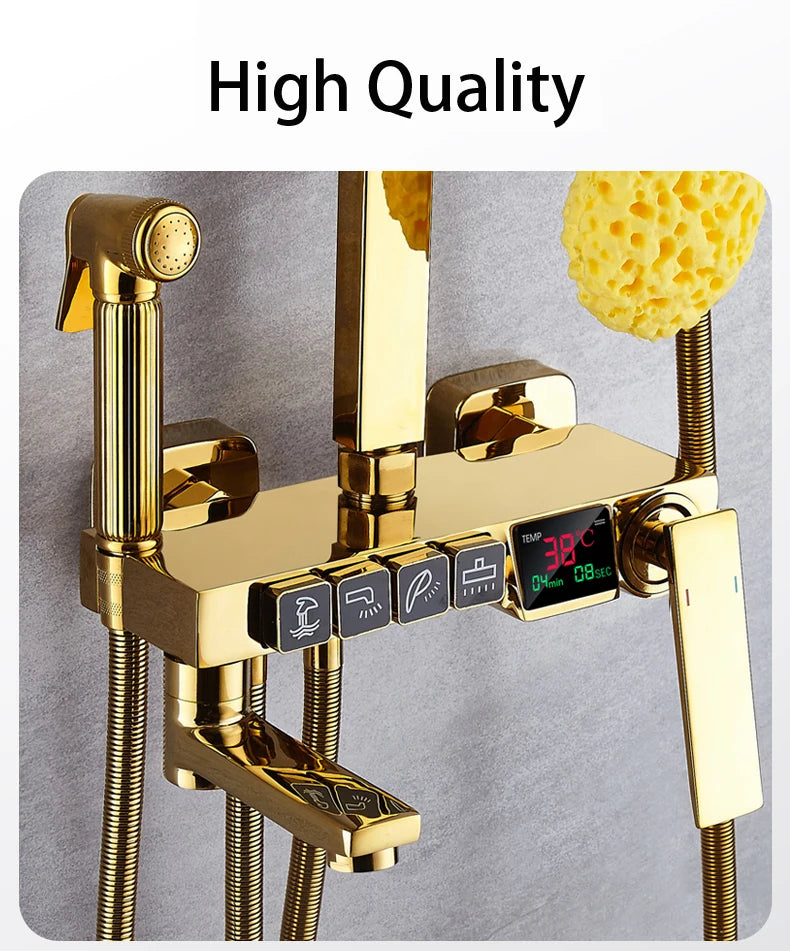 Gold Digital Shower Set Quality Brass Hot Cold Bathroom Shower Faucets Tap Rain Shower Head Golden Thermostatic Shower System