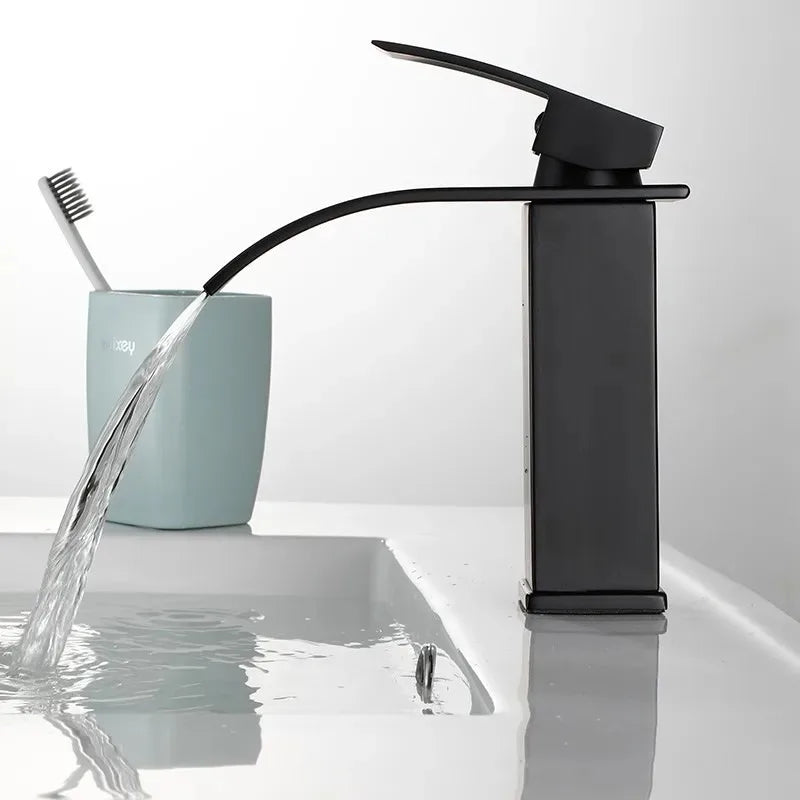 Waterfall style washbasin faucet black cold and hot all copper bathroom kitchen washbasin basin bathroom household use