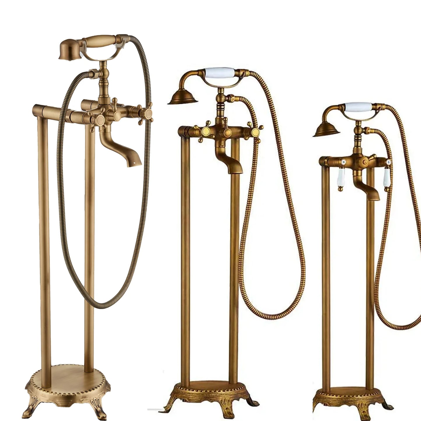 Floor Standing Double Tube Double Handle Bathtub Faucet Set for Bathroom With Rainfall Handshower Tub Faucet Freestanding Crane
