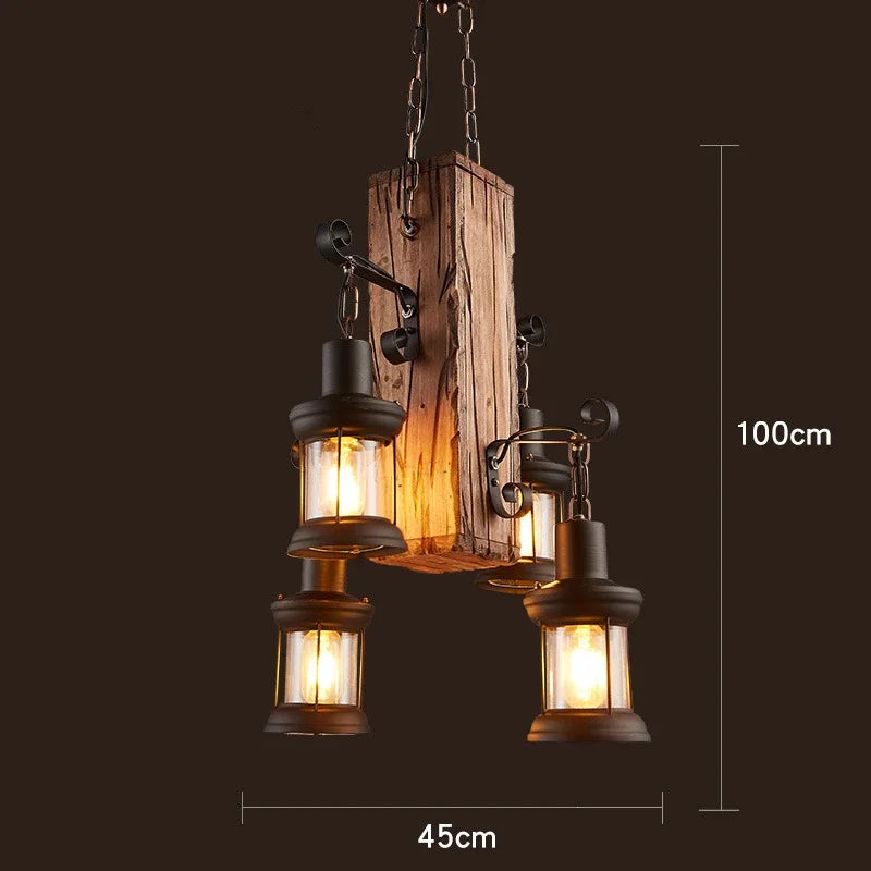 Antique Industry Vintage Wood E27 LED Ceiling Chandelier