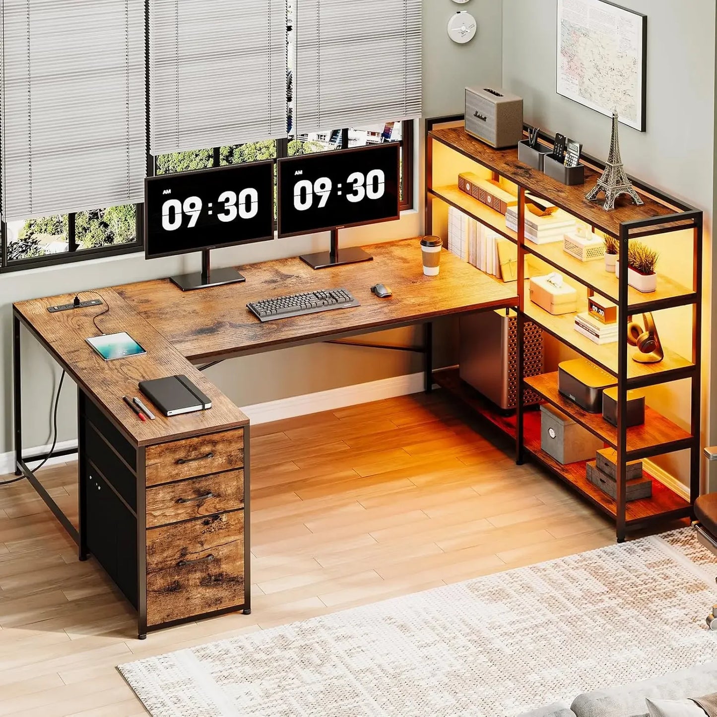 L Shaped Gaming Desk with Reversible U Shaped Computer Desk with Power Outlet and Storage Shelves