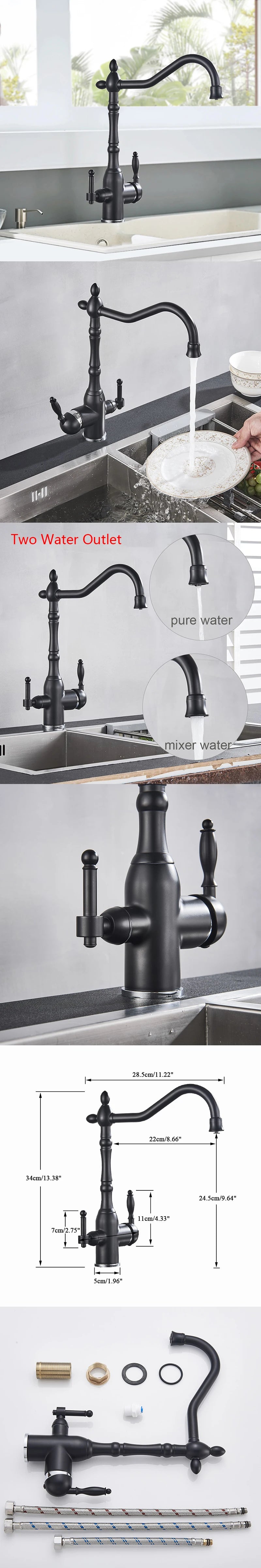 Golden Kitchen Filter Faucet Brass 360 Rotation Purification Kitchen Faucet Double Handle Dual Water Mode Hot Cold Mixer Taps