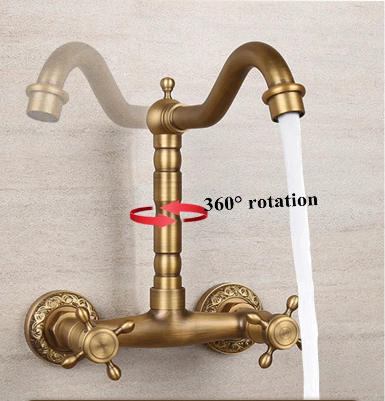 Antique brass ceramic into the wall faucet bathroom washbasin basin wall mount double handle cold and hot water faucet