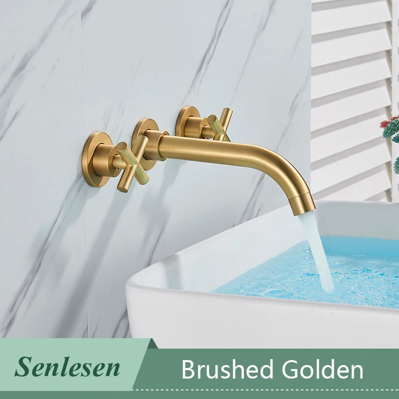 Bathroom Basin Faucet Brushed Golden Concealed Wall Mounted Faucet Tap 360 Rotation Single Handle Hot Cold Water Bath Mixer Tap