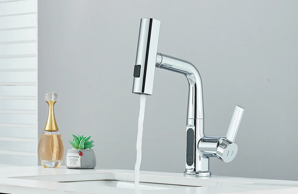Waterfall Temperature Digital Display Basin Faucet Lift Up Down Stream Sprayer Hot Cold Water Sink Mixer Wash Tap For Bathroom