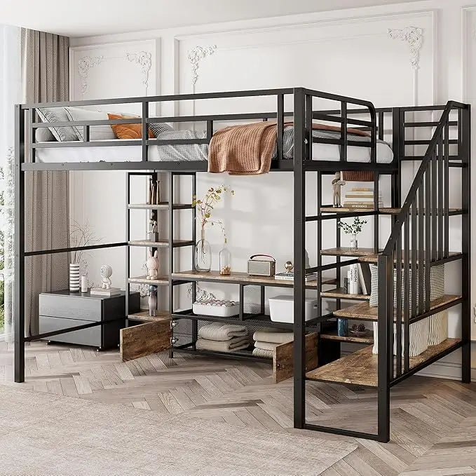 Full Size Loft Bed with Stairs and Desk Metal Loft Bed with LED Light and Charging Station
