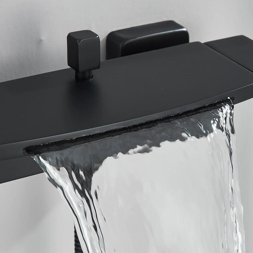 Black Waterfall Bathtub Shower Faucets Wall Mount Shower With Handheld Shower Mixer Tap Faucets Hot Cold Bath Shower Tap
