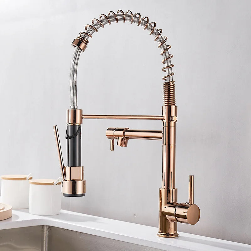 Black and Golden Brass Pulling Kitchen Sink Faucets Dual Outlet Water-Cold Hot Washing Basin Tap Deck Mounted Spring Mixer Taps