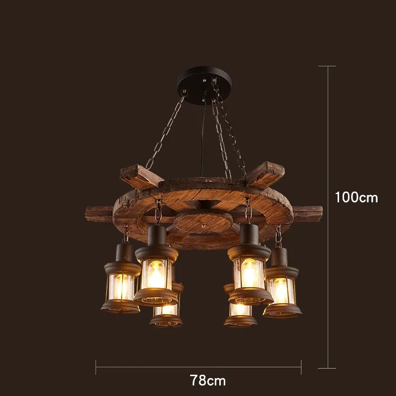 Antique Industry Vintage Wood E27 LED Ceiling Chandelier