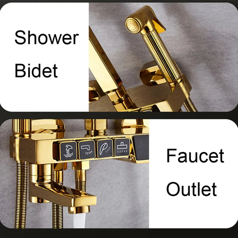 Gold Digital Shower Set Quality Brass Hot Cold Bathroom Shower Faucets Tap Rain Shower Head Golden Thermostatic Shower System